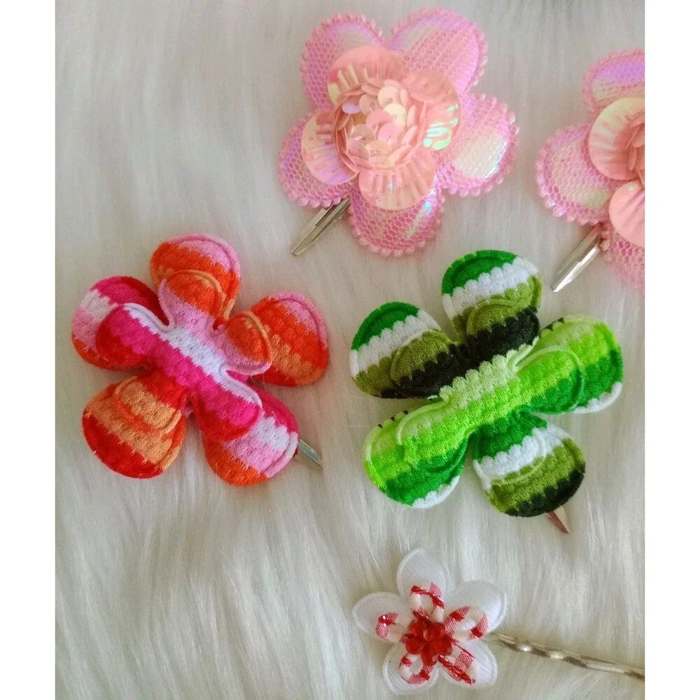 Girl's Lot Of 6 Handmade Assorted Flower Hair Clips Girl's Accessories Colorful